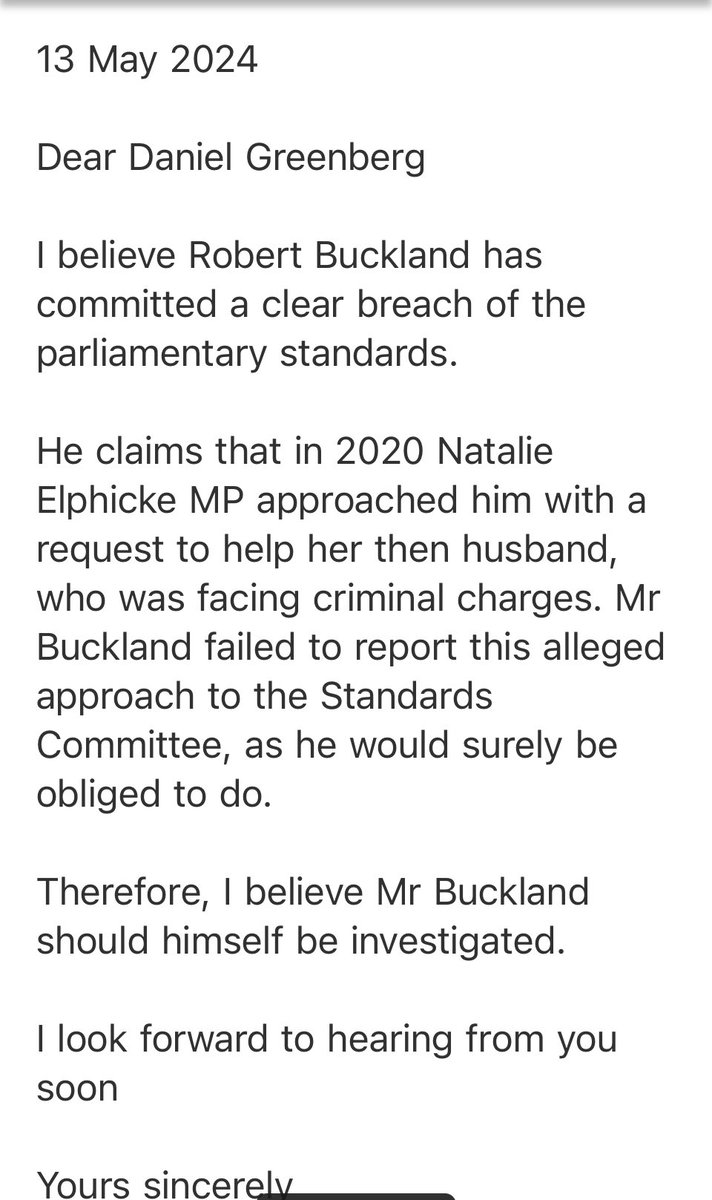 I have written to the HoC Standards Commissioner re the conduct of Robert Buckland MP.