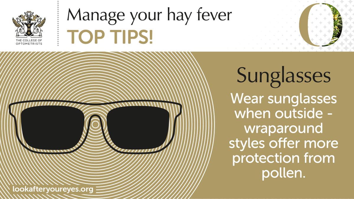 Are your patients struggling with #hayfever symptoms? Share our Top Tips including this: 🕶 Sunglasses look great but can also provide extra protection against pollen, especially those with a wraparound style. Download and share more of our tips here ➡️ coptom.uk/43EsGnv