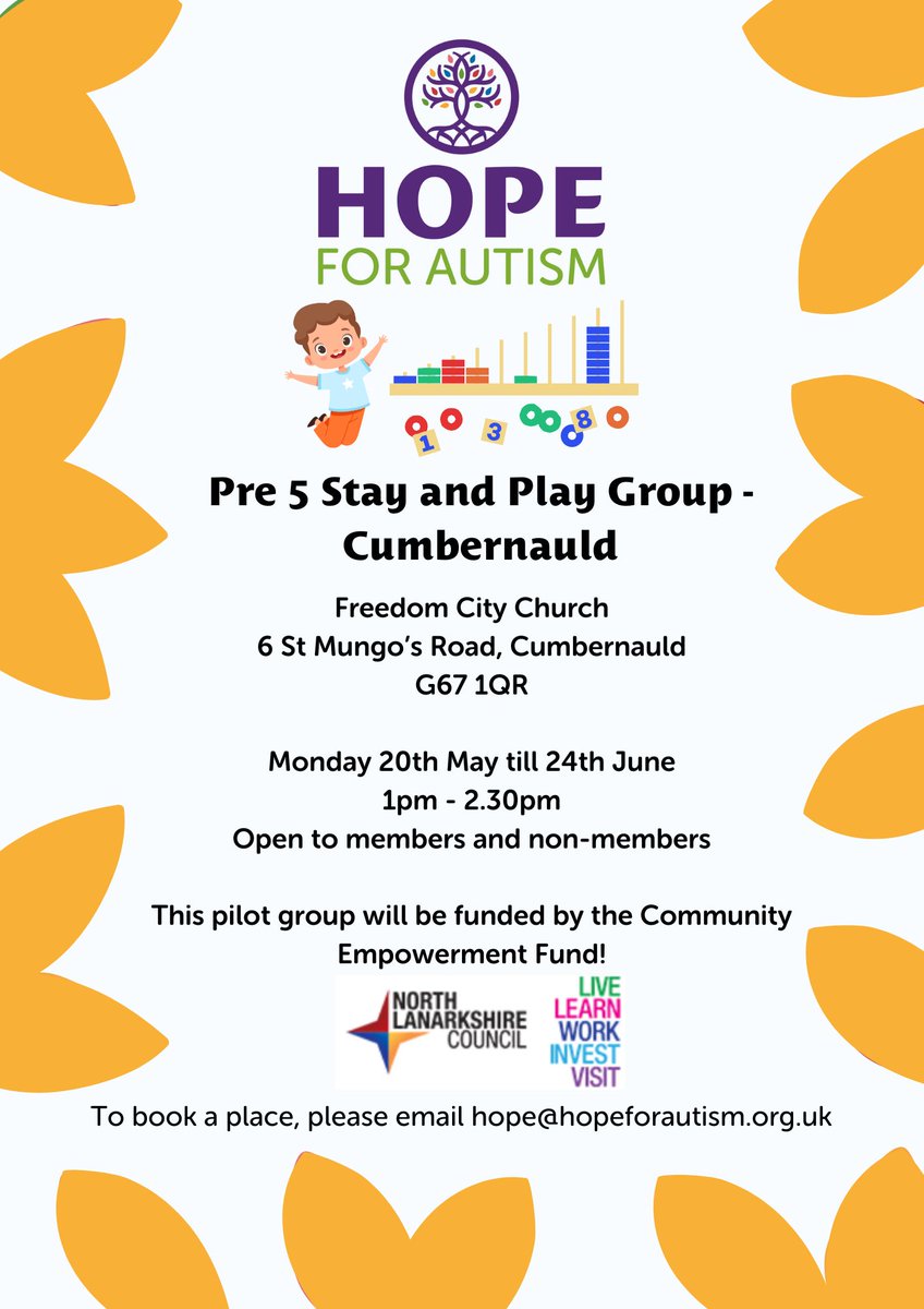 HOPE is delighted to be running another pilot group for Pre-5 children in Cumbernauld! This group is free to everyone attending thanks NLC's Community Empowerment Fund, however spaces for this group are limited! Therefore, this will be on a first come, first served basis!