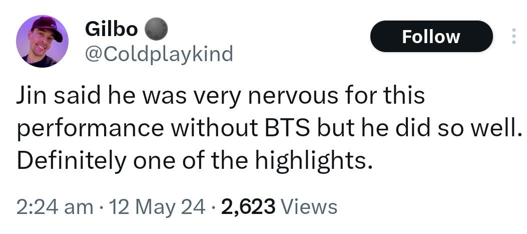 Its been 2 yrs since Jin performed The Astronaut live in Argentina at Coldplay concert and Coldplayers are STILL talking about it This is insane in itself whats crazier is the impact Seokjin left on unfamiliar audience

ARMY knew the story but locals felt it too. THE SINGER HE IS