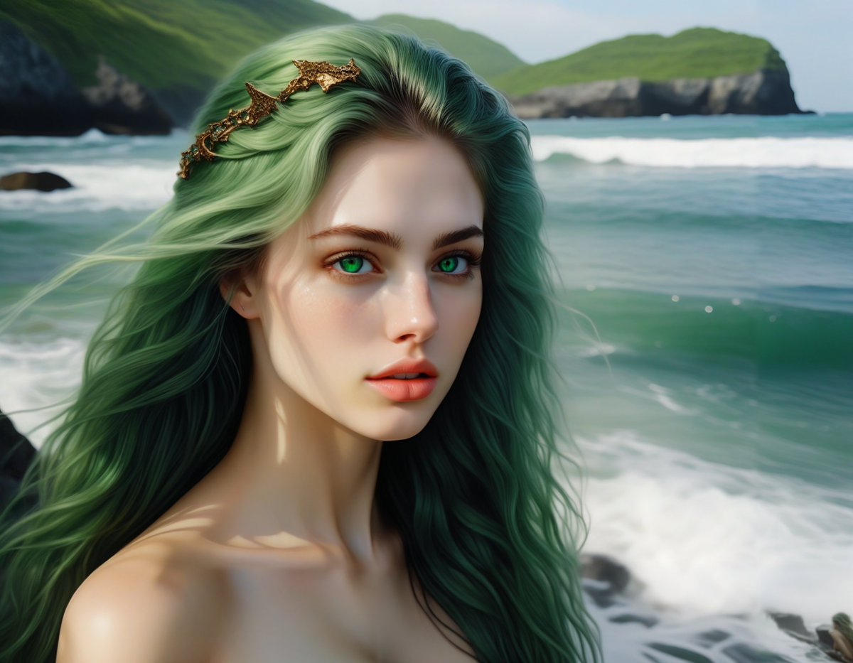 The woman's ethereal beauty and striking green hair mesmerized the sailor who had found her adrift in a sea of whitecaps, as if she were a mythical nymph sent by Poseidon to guide his voyage

#AIart #AIArtwork #aigirl #aiart #AIイラスト #AI美女 #ComfyUI