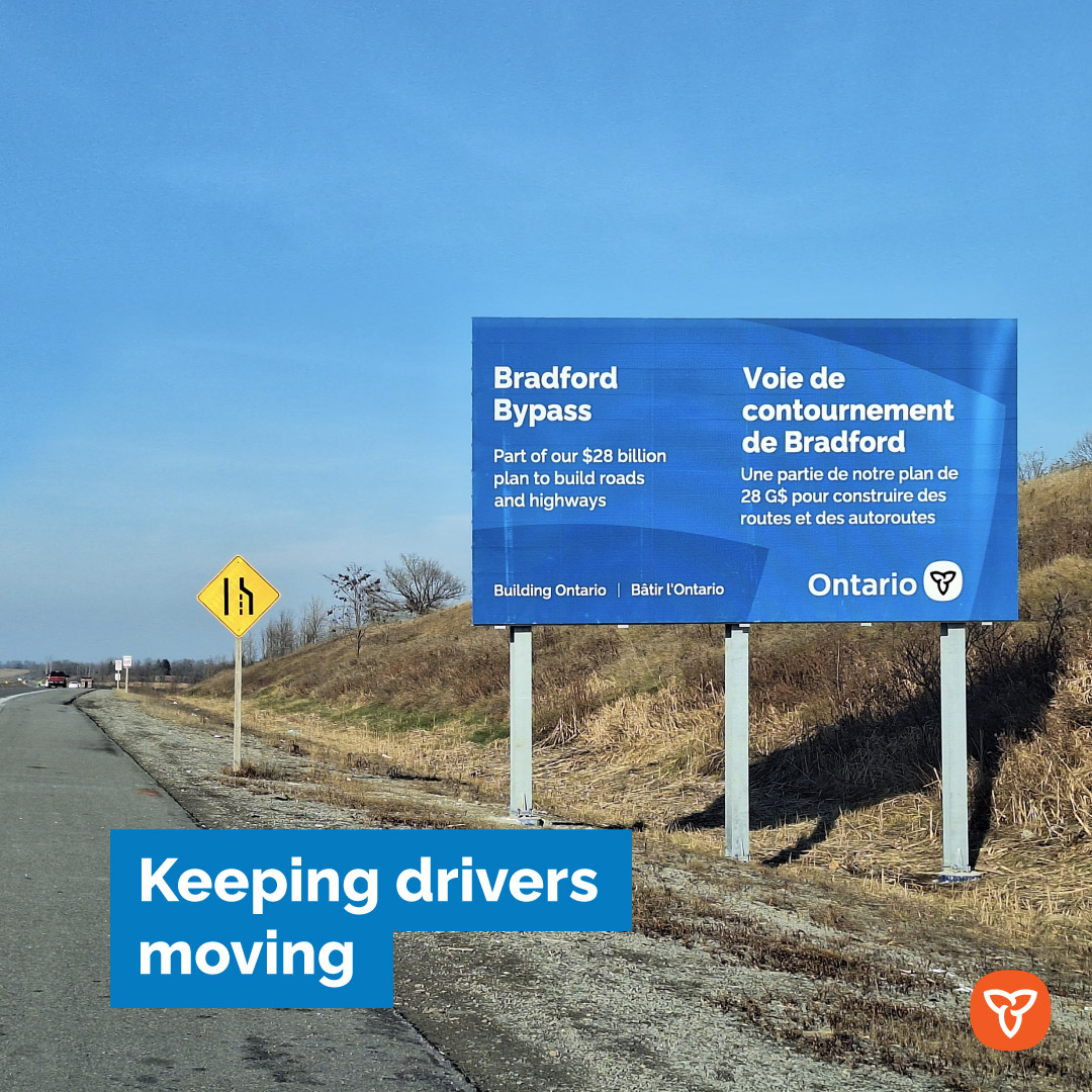 Under the leadership of Premier @fordnation, our government is moving forward to build the Bradford Bypass – which will reduce gridlock, save commuters time and keep goods moving across the Greater Golden Horseshoe. This construction project is expected to support 2,200