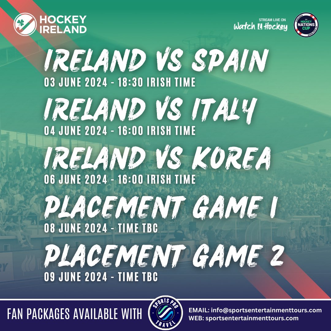 𝗙𝗜𝗛 𝗡𝗮𝘁𝗶𝗼𝗻𝘀 𝗖𝘂𝗽 - 𝗙𝗶𝘅𝘁𝘂𝗿𝗲𝘀 ☘️ ✈️ Our Official Travel Partner is on hand to support your travel plans 👉 Go to sportsentertainmenttours.com or send an email to info@sportsentertainmenttours.com 🎟️Tickets 👉fih.hockey/events/nations… #FIHNationsCup #HockeyInvites
