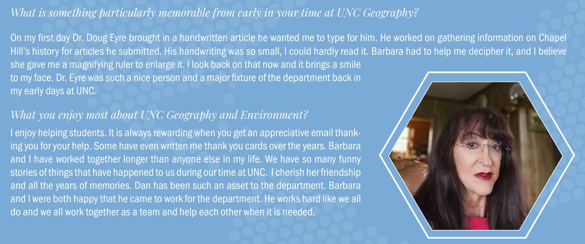 <a href="/geographyunc/">geography unc</a> annual newsletter is up and I am smiling at this profile of our amazing student services manager Nell Phillips:
delamater.web.unc.edu/wp-content/upl…