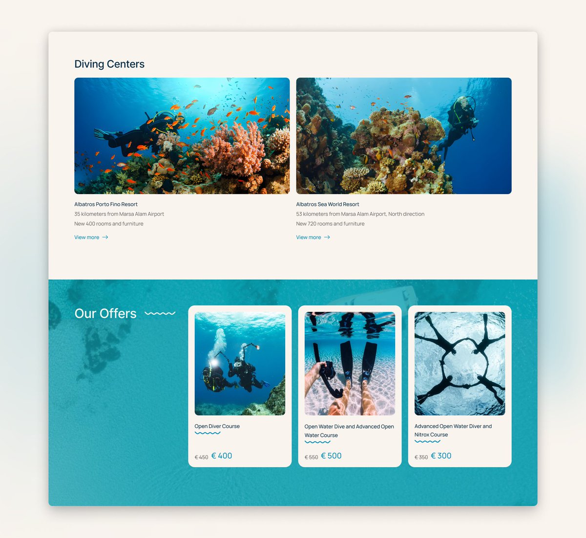 I believe UI/UX design should be intentional and tell a compelling brand narrative. Here's a section from the landing page for a Red Sea diving center I worked on. To showcase the beauty of the Red Sea, vibrant colors and underwater imagery were key. #UIUXDesign #WebDesign