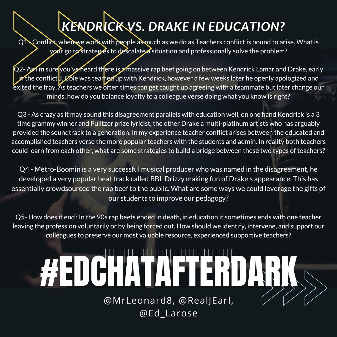 Tonight #edchatafterdark is gonna tackle the #kendrickvsdrake situation in education. Join us at 10pm eastern!!