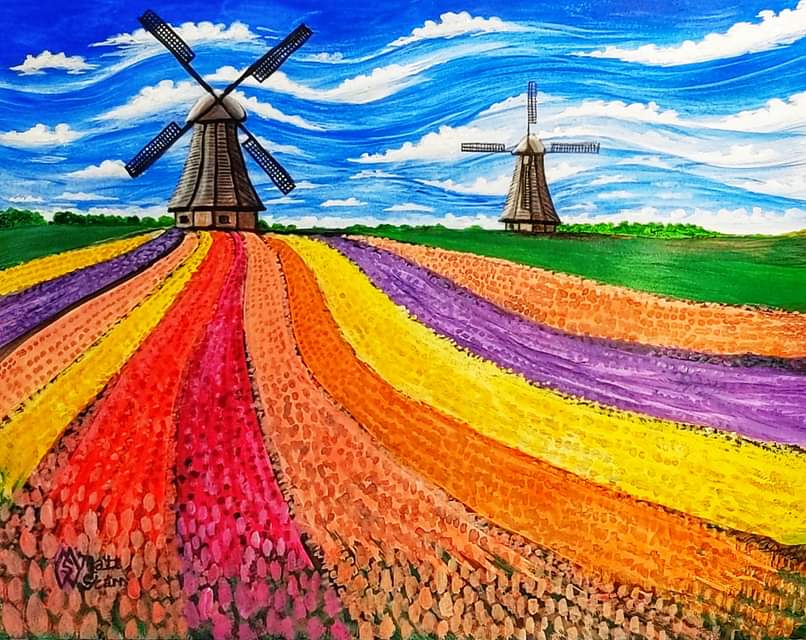May 13th is National Tulip Day. This is my acrylic painting of a tulip farm in Holland.  redbubble.com/shop/ap/993453… #mattstarrfineart #artistic #paintings #artforsale #artist #myart #dailyart #tulip #tulips #nationaltulipday #flower #flowers #holland #windmill #windmills #clouds