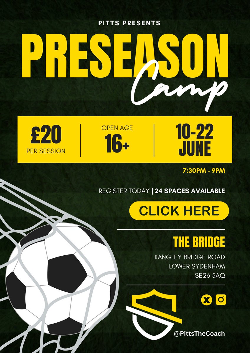 ⚽️💪 𝗖𝗢𝗠𝗘 & 𝗧𝗥𝗔𝗜𝗡 𝗪𝗜𝗧𝗛 𝗣𝗜𝗧𝗧𝗦 My 10 day preseason camp offers technical skills and position specific development along with personalised strength & conditioning training. 🚀⚡️ Don't miss out. Limited spaces available. Sign up now! forms.gle/6ZgtjGMGi51eBH…