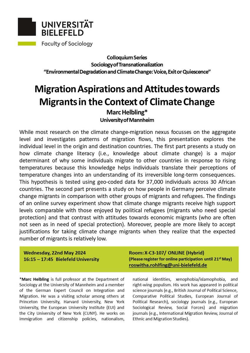 thecomcad's tweet photo. Upcoming presentation by Marc Helbling (Mannheim University)
"Migration Aspirations and Attitudes towards Migrants in the Context of Climate Change" 
as part of the Colloquium Series -Sociology of Transnationalization- on Wednesday, 22. May 2024. Registration open for this event! https://t.co/QOAk7VPM2U