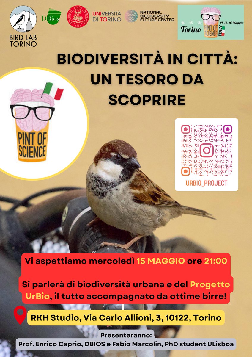 Carichi per #pint24? Vi aspettiamo MERCOLEDì 15 maggio per parlare di #Biodiversità urbana e dei primi risultati del progetto UrBio 🦆🐦‍⬛🦜 il tutto accompagnato da ottime birre! 🍻

#science #biodiversity #beer #fun