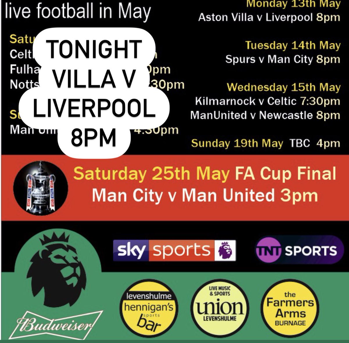 Tonight Villa v Liverpool 8pm screened live in Hennigans, Union and Farmers Arms