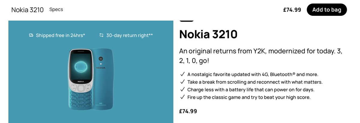 Nokia 3210. An original returns from Y2K, modernised for today! £74.99 hmd.com/en_gb/nokia-32…