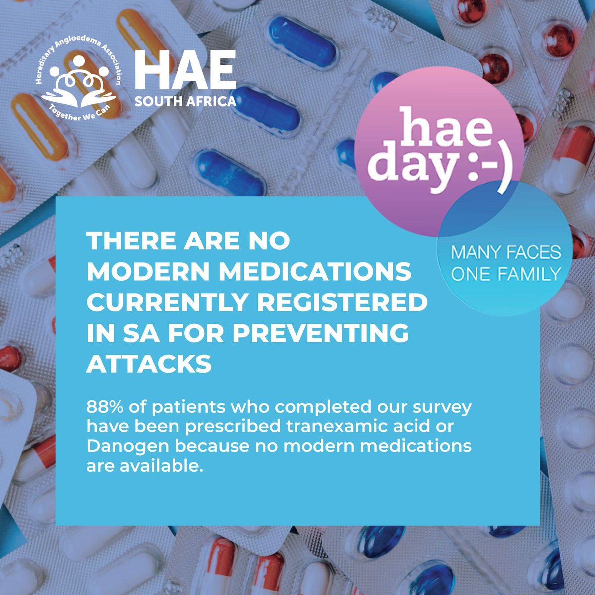 HAE_SouthAfrica's tweet photo. 4. THERE ARE NO MODERN MEDICATIONS CURRENTLY REGISTERED IN SA FOR PREVENTING ATTACKS
๐
88% of patients who completed our survey have been prescribed tranexamic acid or Danogen because no modern medications are available.
#haeday #haeday2024 #haesa #haesouthafrica https://t.co/jeD3rDYBDO