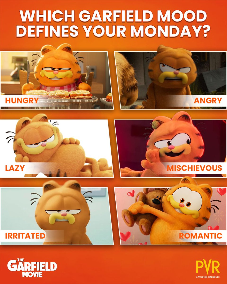 We are channelling our inner Garfield today! 🐱💁🏻‍♀ Which Garfield mood matches your Monday mojo? Tell us in the comments below! 

Releasing at PVR INOX on May 17!
.
.
.
#TheGarfieldMovie #ChrisPratt #NicholasHoult #VingRhames #SamuelLJackson #VarunSharma