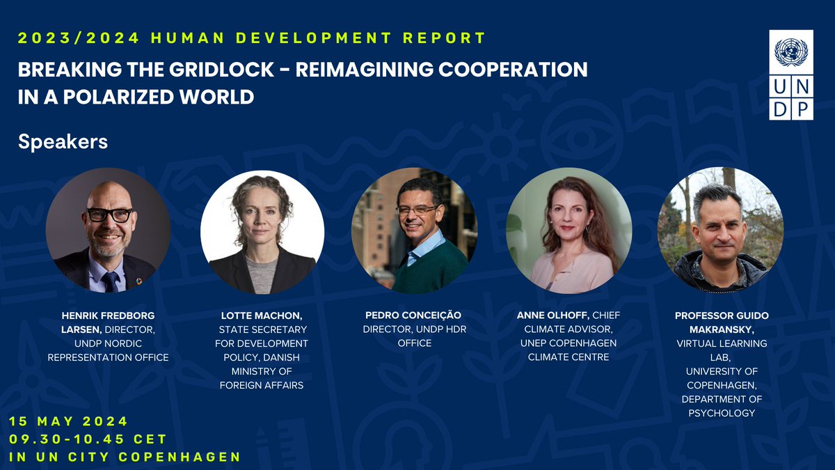 🚨Don’t miss this week’s Danish launch of UNDP’s #HDR2024 where we explore how to reimagine cooperation in a polarized world. 🕤 15 May, 9:30-10:45. 📍 UN City Copenhagen Register now: undp.confetti.events/breaking-the-g… Meet our speakers 👇