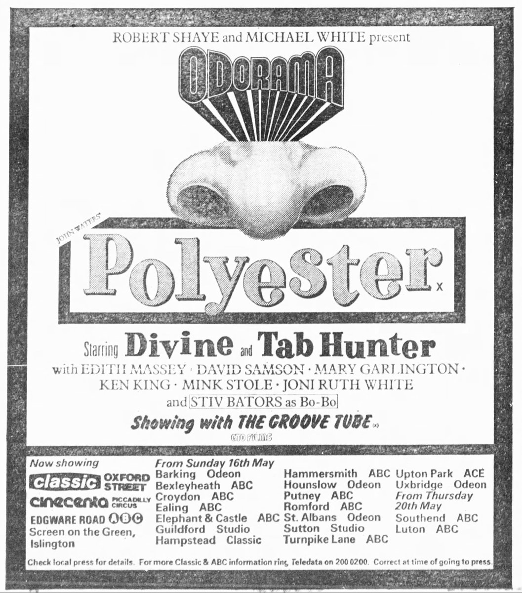 On this day, May 13th, 1982, John Waters' POLYESTER, starring Divine opened in London in 'Odorama', in which the audience were presented with 'scratch 'n sniff' cards to use at identified moments during the film..