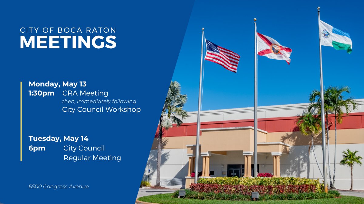 Beginning today at 1:30PM... ✋Public welcome at 6500 Congress Ave. 💻Streaming online & agendas myboca.us/WatchLive 📺Or watch LIVE at home: • Comcast Ch 20 • AT&T Uverse Ch 99 • Hotwire Ch 39