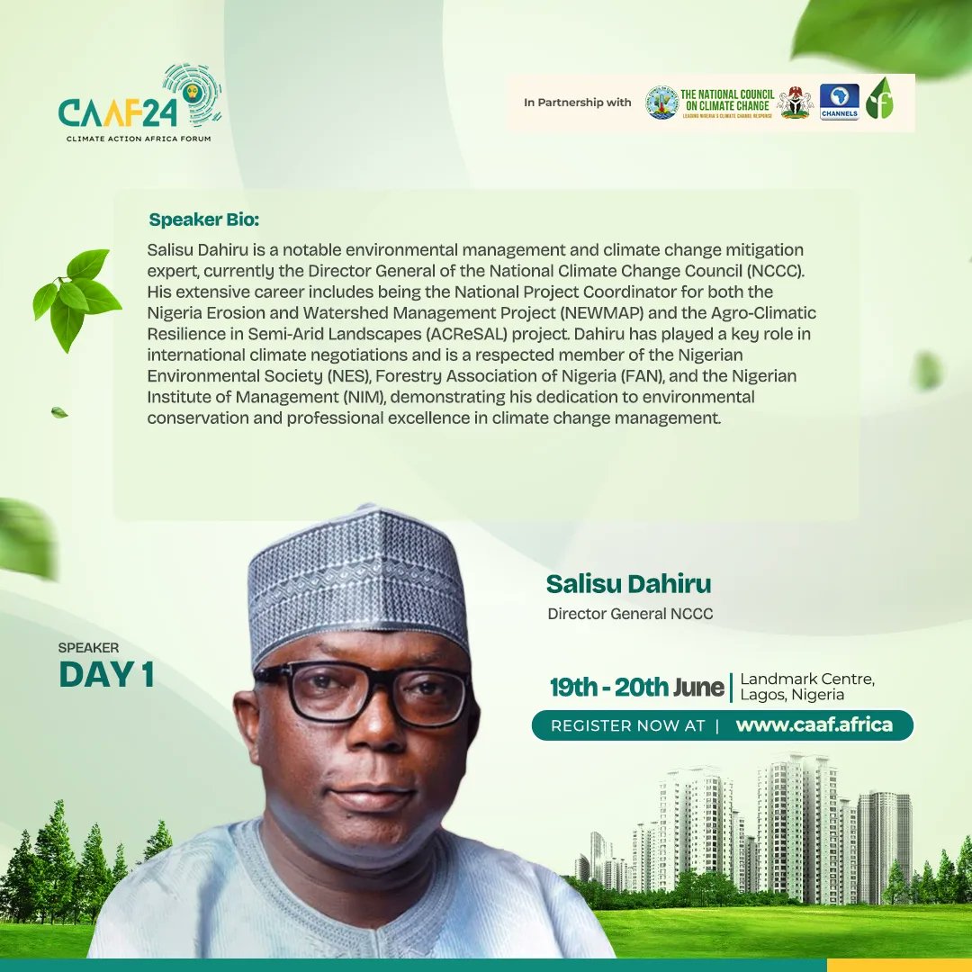 Shape Africa's Green Future with Dr. Salisu Dahiru! Join the conversation with @DrSalisuDahiru, Director General of Nigeria's National Council on Climate Change (NCCC), at CAAF24. . Register for CAAF24 NOW! Visit caaf.africa . . #CAAF24 #ClimateAction #Africa