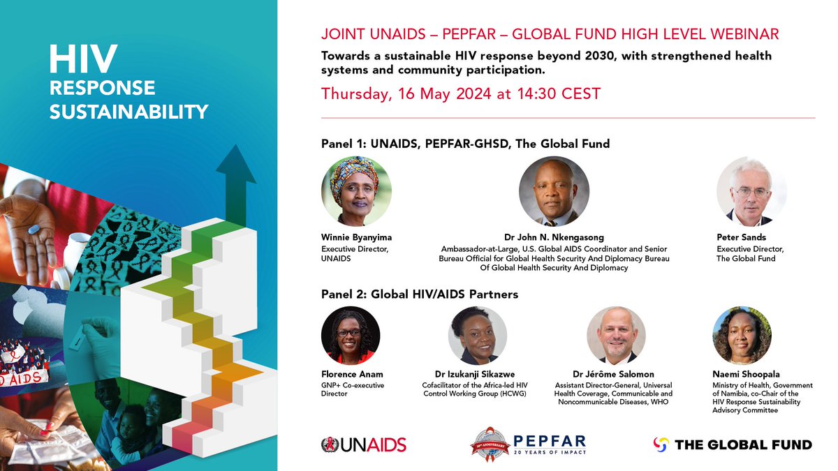 Don't miss this important webinar🔔 
Join @Winnie_Byanyima @USAmbGHSD @PeterASands and other speakers at the @UNAIDS @PEPFAR @GlobalFund High Level Webinar on #sustainability in the HIV response beyond 2030, this Thursday at 14:30 CEST. 

Live on YouTube🔗youtube.com/live/wuXqIVZXt…