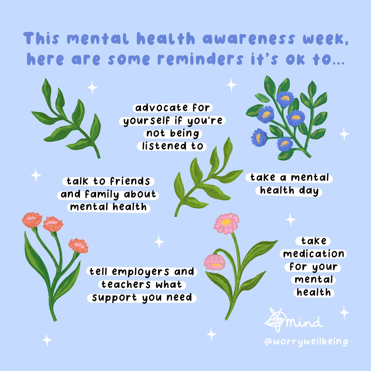 This #MentalHealthAwarenessWeek share this post and spread the word 👇🏼 Regardless of the week, your mental health matters and YOU matter. You don’t have to face it alone. Huge shout out to worrywellbeing for this gorgeous illustration 🩵