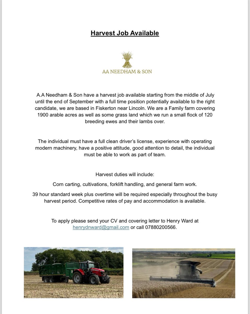 Harvest position with potential of becoming full time has become available. Please share. @wheat_daddy @RhondaT40 @LincsYFC @riseholmecampus @BishopBurton