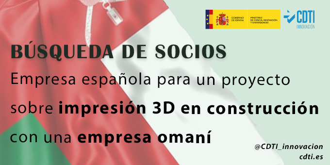 🔊 Búsqueda de empresa española para colaborar con #Omán en un proyecto de I+D sobre impresión 3D en el sector de la #construcción, en el marco de la convocatoria #UNILATERAL 🇪🇸🇴🇲👇 ➕ info ➡️acortar.link/AzuLhA #robótica #automatización #EspañaOmán #CooperaciónTecnológica