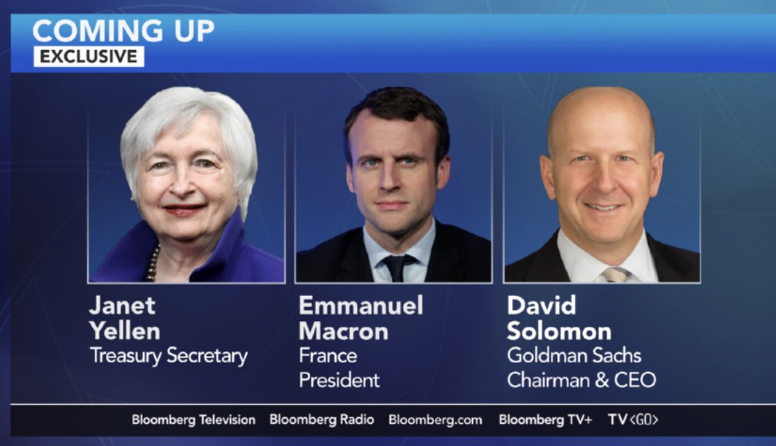 Coming up today on @BloombergTV: I’ll be sitting down with @SecYellen. John Micklethwait with @EmmanuelMacron, & @FerroTV with @DavidSolomon.