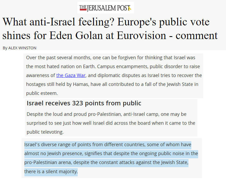 InTrustweDoubt's tweet image. Some Israelis are claiming the Eurovision results show “the people” support Israel, while only the "elites" oppose it since the viewers awarded it 9 points on average compared to 1.4 by the juries. 

Here's an example from the Jerusalem Post.
jpost.com/diaspora/antis…