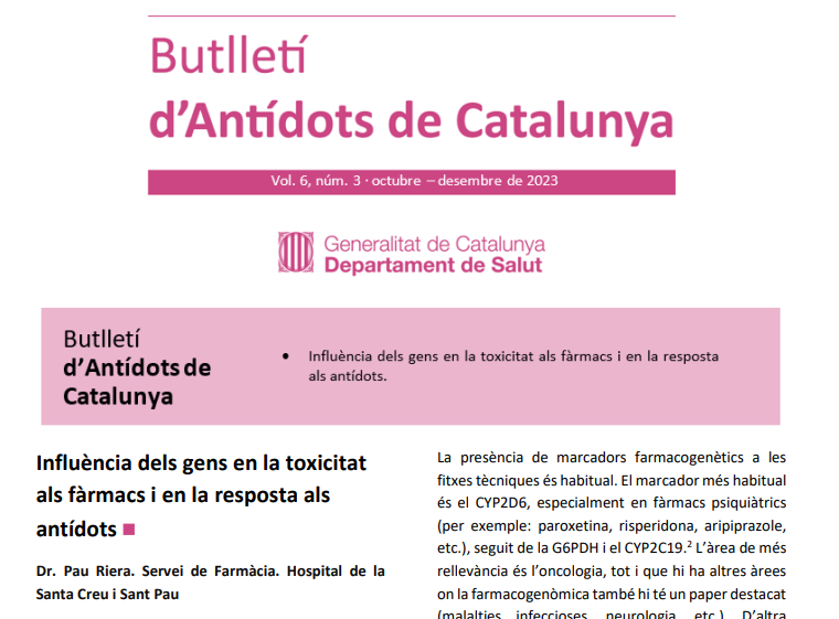 Nou butlletí d'antídots de catalunya:

scientiasalut.gencat.cat/bitstream/hand…