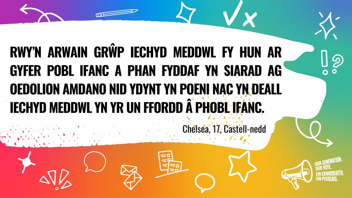 Dim ond 1 o bob 10 o bobl ifanc sy’n credu bod gwleidyddion yn blaenoriaethu eu hanghenion, yn enwedig ar faterion fel iechyd meddwl. Mae’n bryd i hynny newid. Cofrestrwch i gymryd rhan yn #EinCenhedlaethEinPleidlais 👉 bit.ly/3tVGNru #WythnosYmwybyddiaethIechydMeddwl