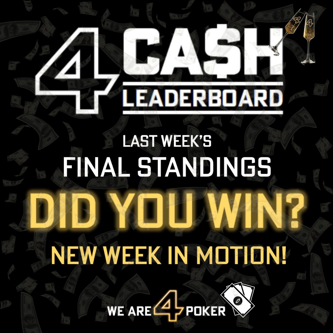 Did you win a share of the prizes? 🤑 Cash Game Leaderboards results for last week are out! 💰 Check if you won here: 4poker.eu/promotions/cas… New week has already started with $2,000 in cash prizes up for grabs!💸 Play at 4Poker 🔥 #poker #pokergame #cashgame #pokerplayer