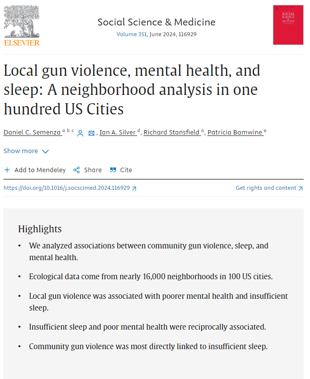 📢New article out today in @socscimed! Data from 16K neighborhoods in 100 US cities show local gun violence is linked to worse collective sleep and poorer mental health. Further evidence of the expansive burden of gun violence on well-being in America.📢 sciencedirect.com/science/articl…