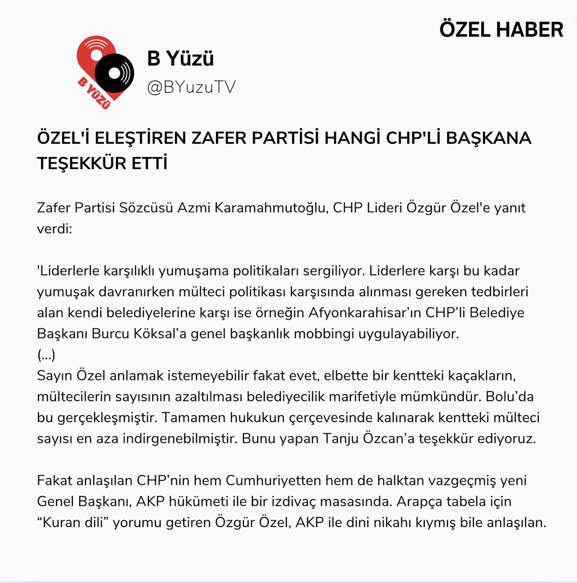 CHP Genel Başkanı Özgür Özel'in Zafer Partisi'ne yönelik eleştirilerinin ardından, Zafer Partisi Sözcüsü Karamahmutoğlu'ndan CHP'li Belediye Başkanına teşekkür açıklaması geldi