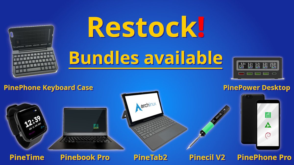 pine64eu's tweet photo. Back in stock #pinecil V2, #PineTime, #PinePower Desktop/ 65W GaN, #PinePhone Pro, #PineTab2, #Pinebook Pro and much more❗️
*Devices: https://t.co/WtiC3XVmLs
*Accessories: https://t.co/BAqbFQOKX8
*Bundles: https://t.co/zjic52evEF https://t.co/LG33FE4B3K