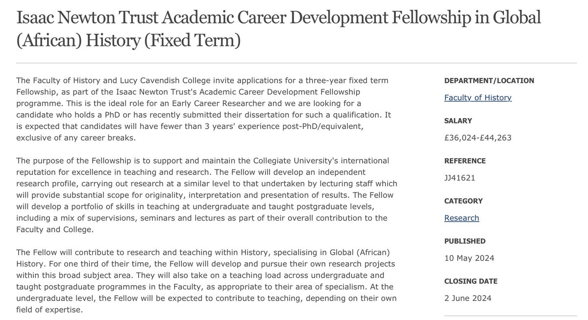 🚨Three-year career development fellowship in Global/African history at Cambridge🚨 Apply apply apply! jobs.cam.ac.uk/job/46460/