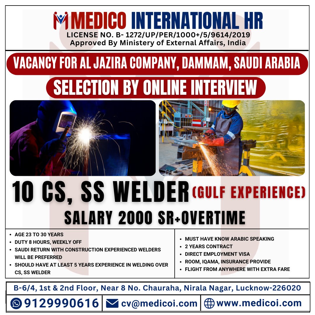 10 CS, SS WELDER - GULF EXPERIENCE
==
For apply please Call/ WhatsApp us: +91 9129990616

#welderjobs #welderjob #welder #europejobsnetwork #europetravel #europejob #europejobsearch #europejobseekers #europejobs #europe #europejobvacancies #weldersociety #welderjobmylife