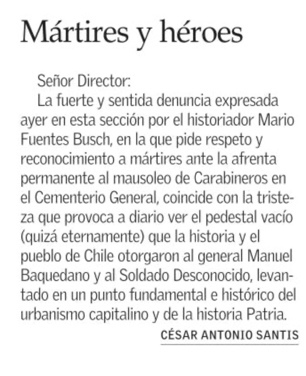 Cartas El Mercurio/La mejor manera de reconocer a un infrahumano, es observando su rechazo a las FFAA y Carabineros de Chile. Siendo los uniformados ejemplo de disciplina, hombres y mujeres de bien, que han cultivado los valores morales, humanos y patrios, no pueden menos que ser…