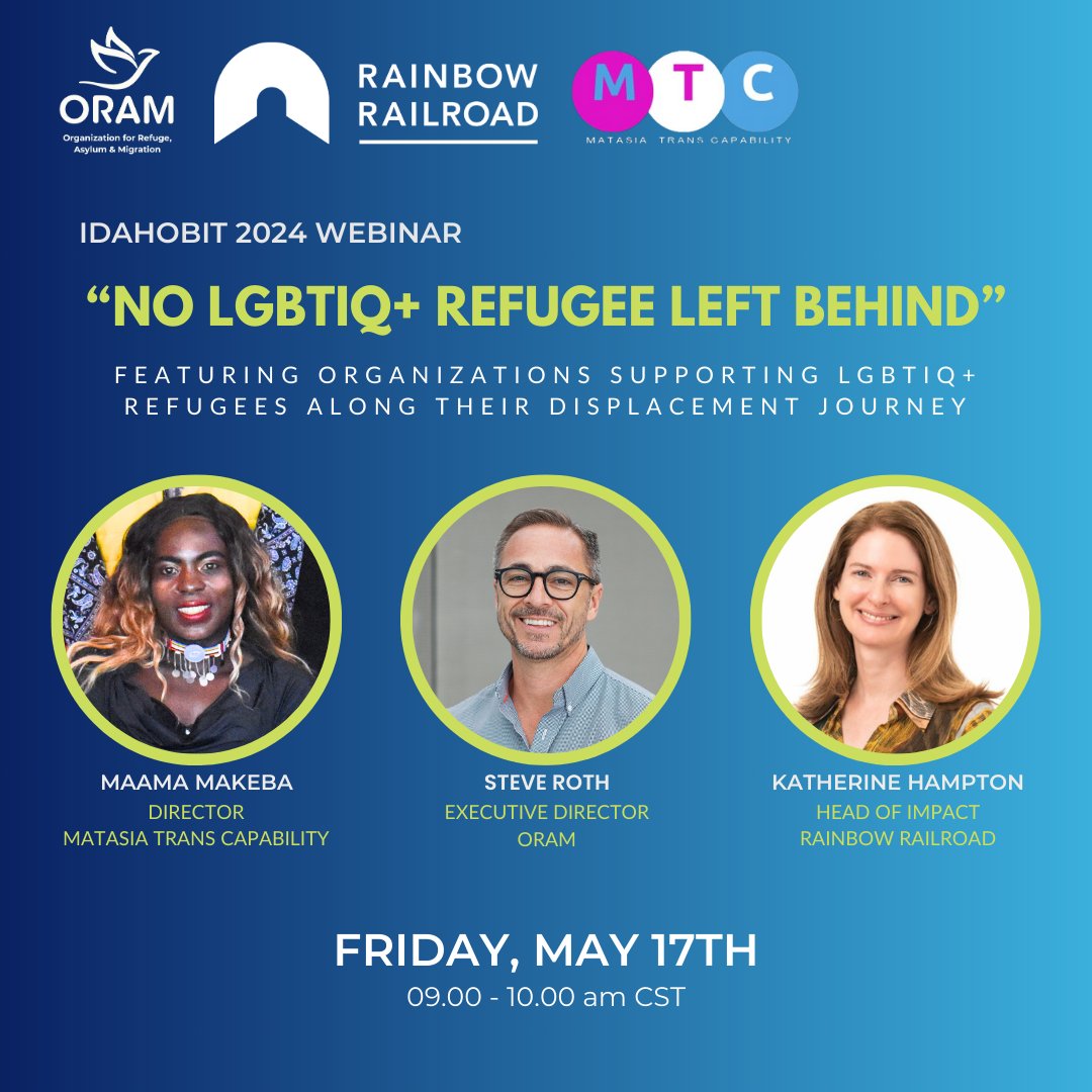Join Rainbow Railroad, @oramrefugee and @matasiatrans for a #IDAHOBIT webinar, 'No LGBTQI+ Refugee Left Behind,' where each organization will share insights on their efforts to support LGBTQI+ refugees affected by displacement. To register: alight.zoom.us/webinar/regist…