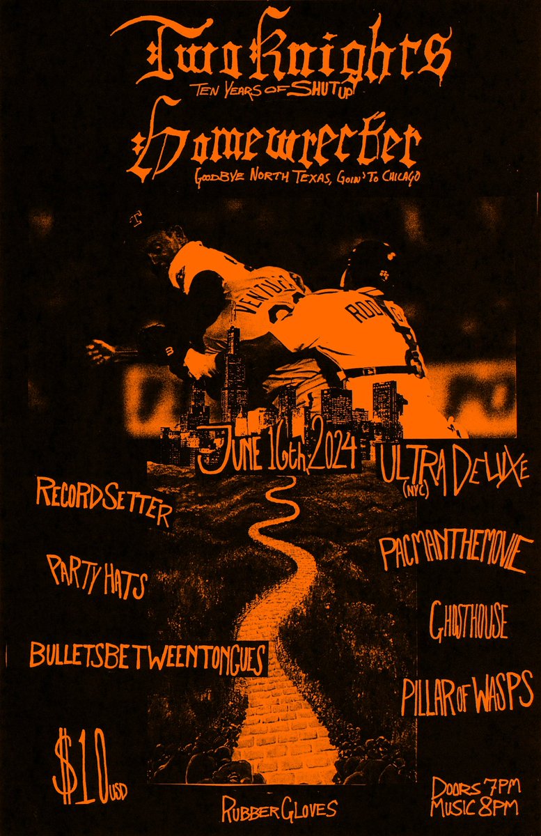 I’m playing the most legendary Denton, TX show ever on June 16th. I can’t believe this is real! Two knights, <a href="/homewreckerbw/">homewrecker.</a> party hats bulletbetweenthetongues <a href="/pacmanthemovie/">Pacmanthemovie</a> <a href="/ghosthousetx/">ghosthouse</a> pillar of wasps
