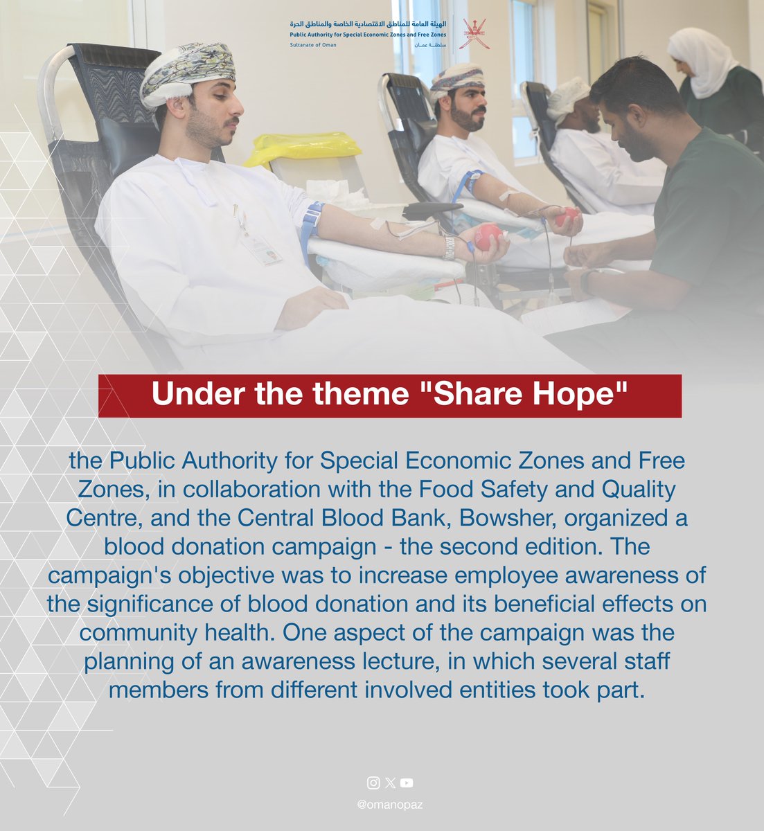 Under the theme '#Share_Hope',, the Public Authority for Special Economic Zones and Free Zones, in collaboration with the Food Safety and Quality Centre, and the Central Blood Bank, Bowsher, organized a blood donation campaign - the second edition. The campaign's objective was