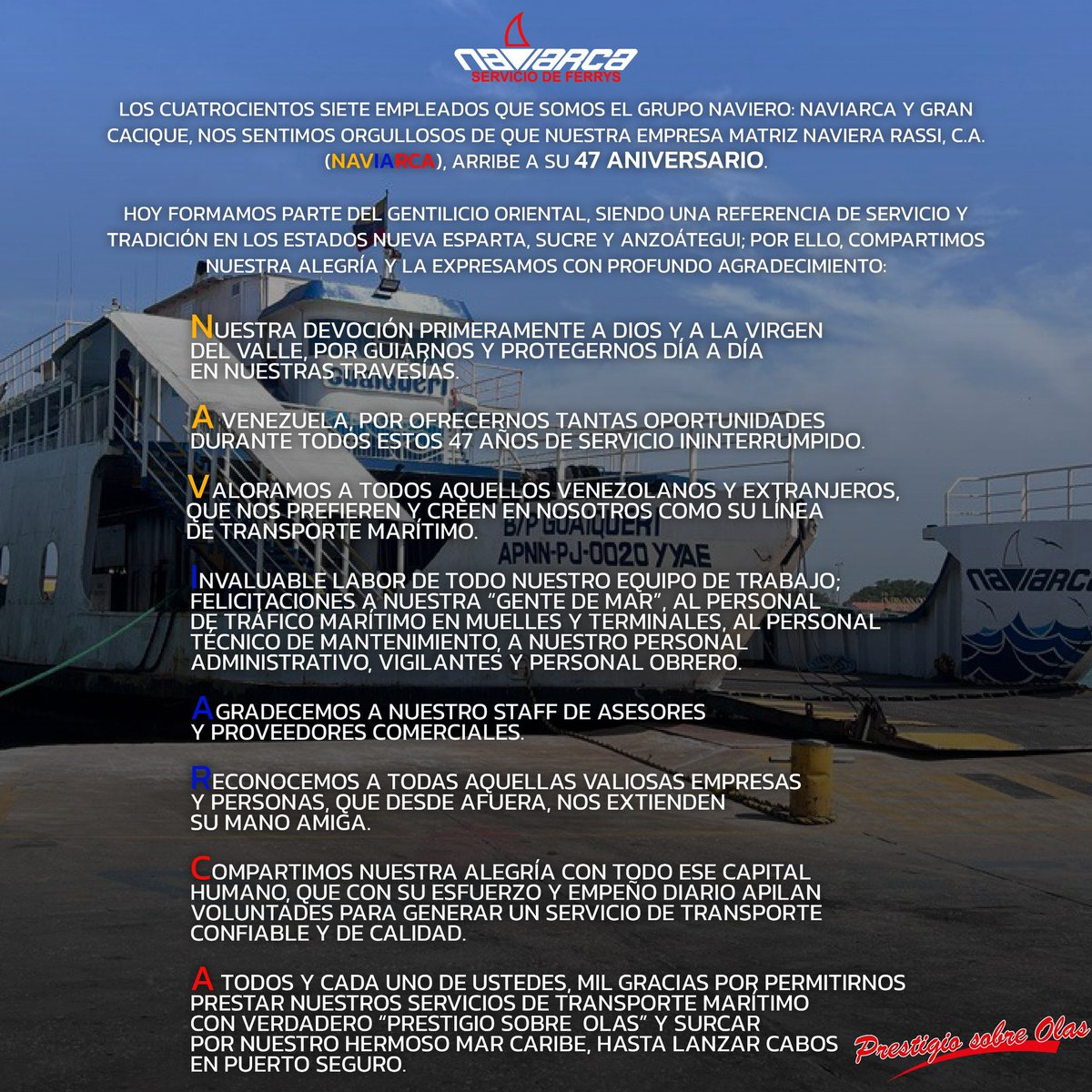 Hoy arribamos a 47 años de ardua y difícil labor en el Transporte Maritmo entre Cumana , Pto la Cruz y La Isla De Mgta . Aquí seguimos aportando al desarrollo de Venezuela  . Gracias por preferirnos !!