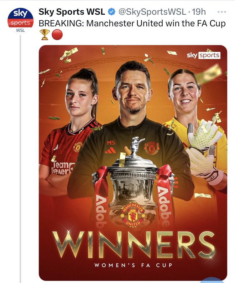 *slow handclap* Manchester United win the Women’s FA Cup. @SkySports: “hey we know the World Cup finalist, European Champion and World Cup Golden Glove winner Mary Earps is in the team, but let’s centre the male manager with the #WomensFACup trophy”. #EverydaySexism