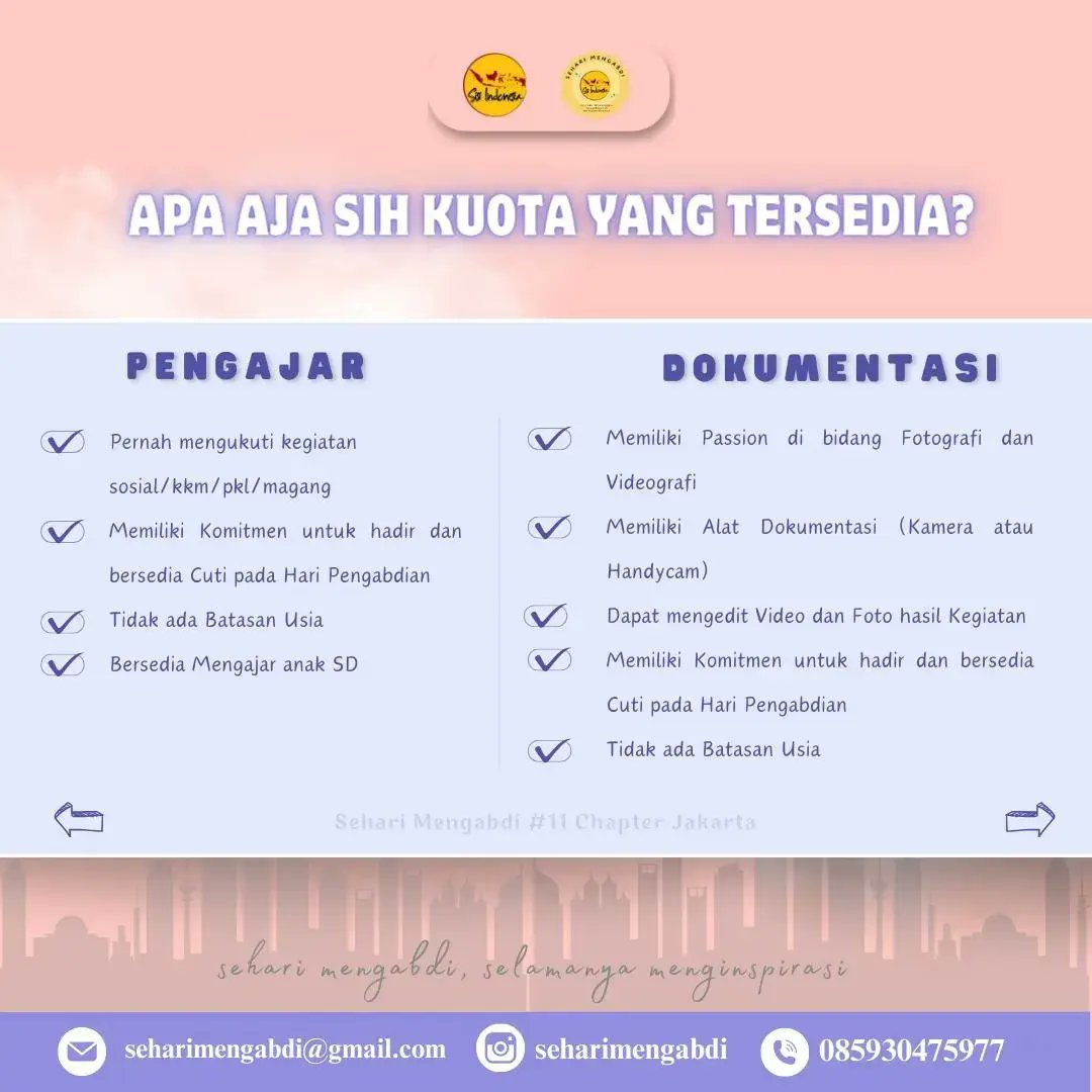 seputarseminar_'s tweet image. 🌸🍥OPEN RECRUITMENT VOLUNTEER SEHARI MENGABDI #11 CHAPTER JAKARTA🍥🌸

📌Pendaftaran : 9 - 17 Mei 2024
📌Gelombang 2 : 12 - 14 Mei 2024
⏲Waktu: 31 Mei 2024
📌Lokasi: Jakarta

#openrecruitment #relawan #seharimengabdi11 #Jakarta #volunteerjakarta #sinesia #sisiindonesia