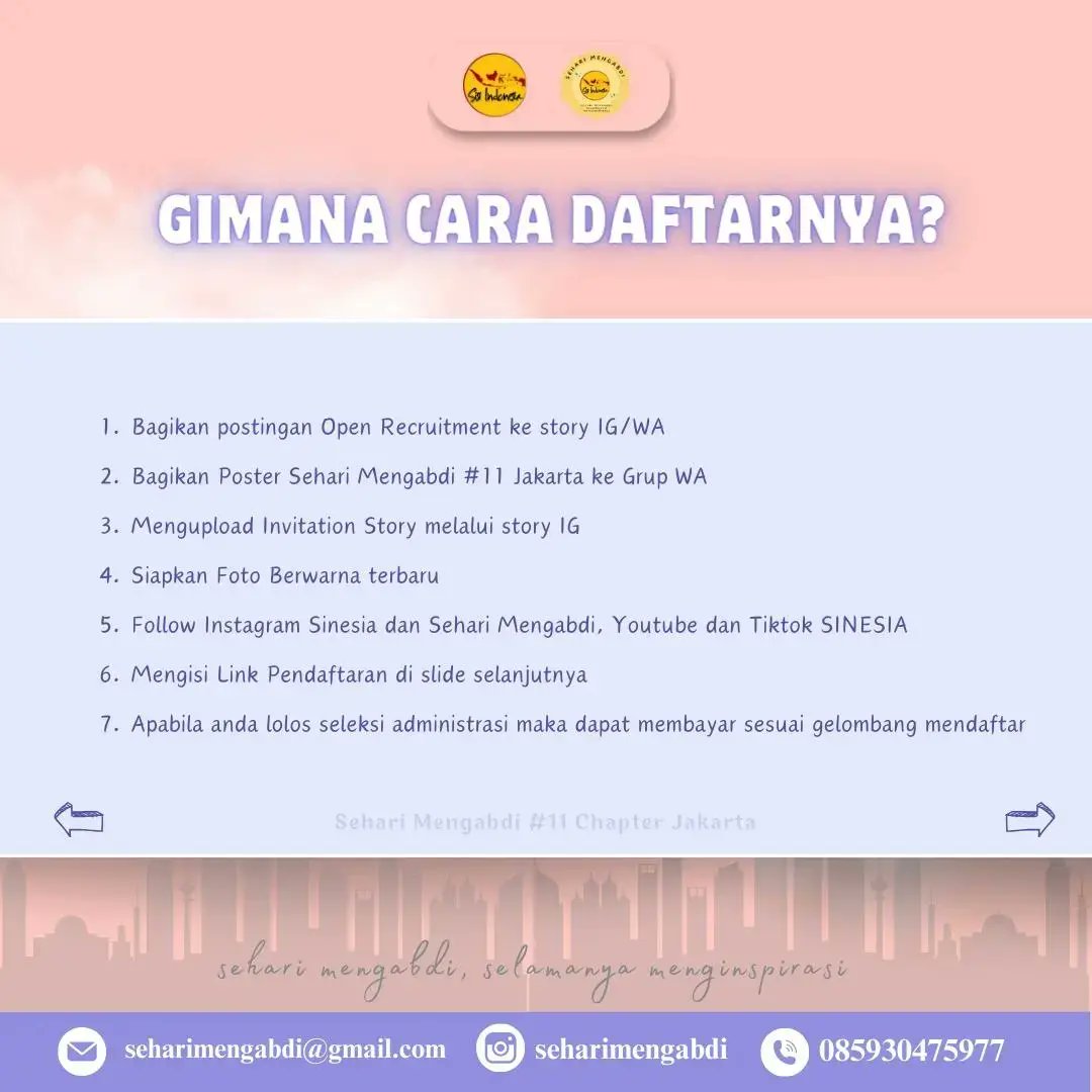 seputarseminar_'s tweet image. 🌸🍥OPEN RECRUITMENT VOLUNTEER SEHARI MENGABDI #11 CHAPTER JAKARTA🍥🌸

📌Pendaftaran : 9 - 17 Mei 2024
📌Gelombang 2 : 12 - 14 Mei 2024
⏲Waktu: 31 Mei 2024
📌Lokasi: Jakarta

#openrecruitment #relawan #seharimengabdi11 #Jakarta #volunteerjakarta #sinesia #sisiindonesia