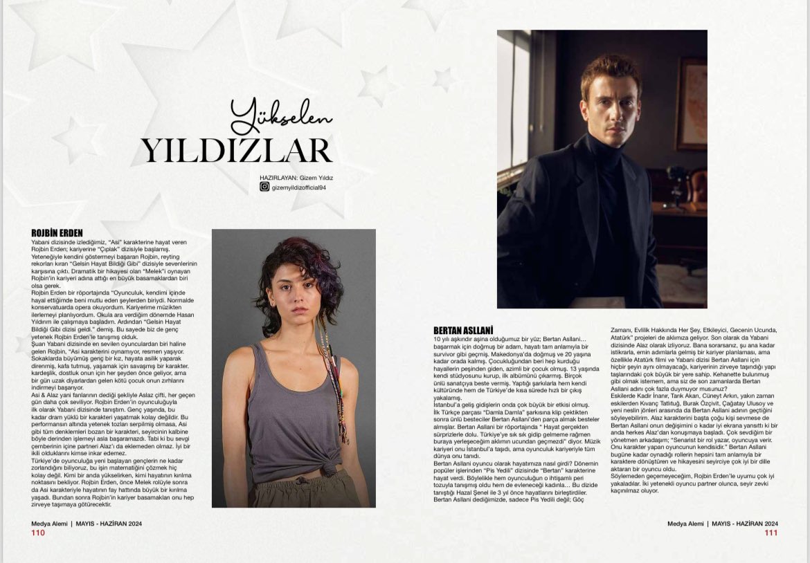 Medya Alemi dergisi “Yükselen Yıldızlar” bölümünde #Yabani oyuncularından #RojbinErden ve #BertanAsllani'ye yer vermiş.💥