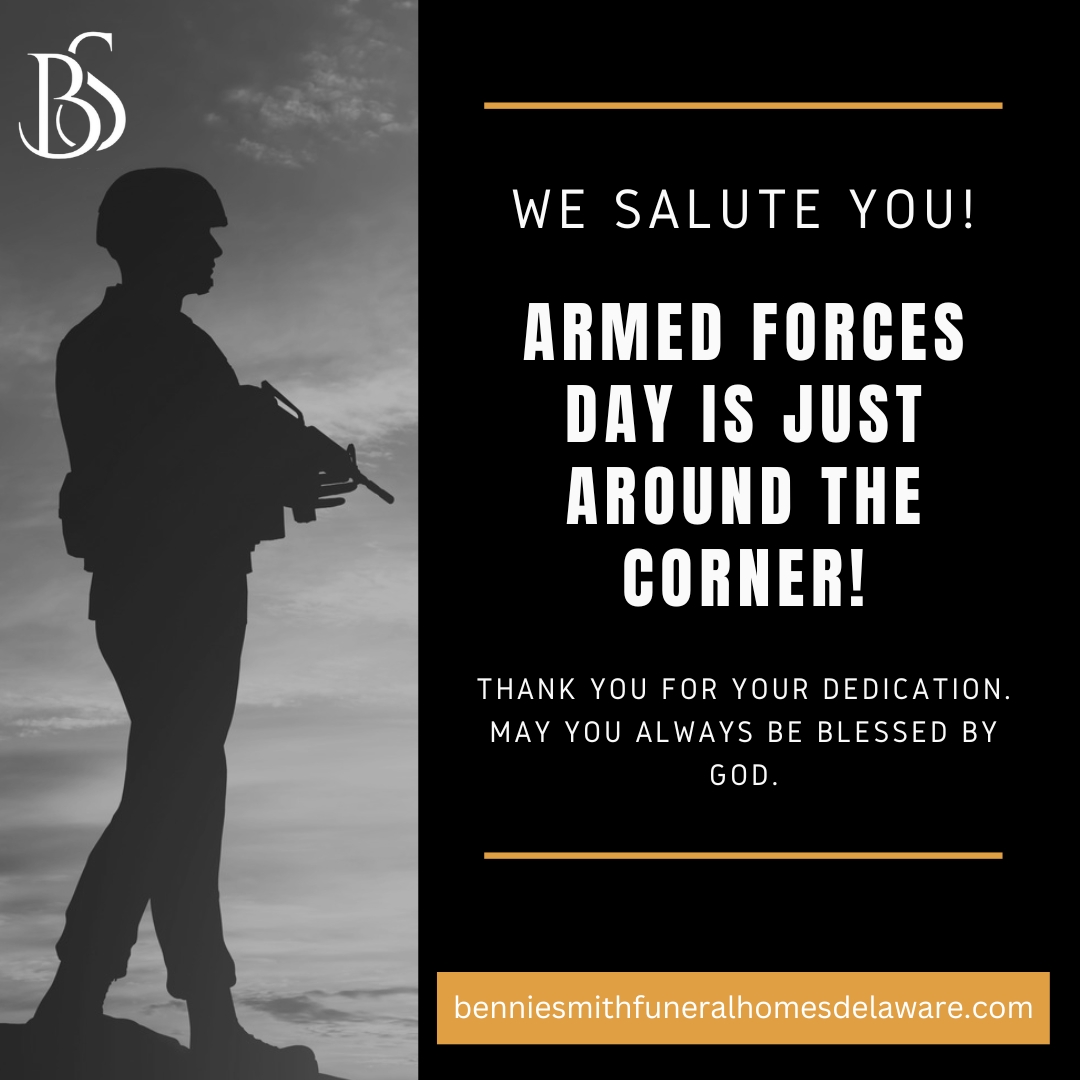 It's almost Armed Forces Day! Let's thank our brave soldiers for protecting our country. We at Bennie Smith Funeral Home truly respect them for their hard work. They inspire us all!

#ArmedForcesDay #BennieSmithFuneralHome #ThankYouForYourService #Heroes #Proud #OurMilitary