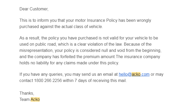 duashubham's tweet photo. @ACKOIndia @ACKOSupport @jagograhakjago @consumercourtin 
What this email means? Why did you even issue a policy at the first place. I gave all documents as you asked and not after two weeks you are sending me this that I purchased it wrongly and amount is fortfeited? https://t.co/cidudpIJau