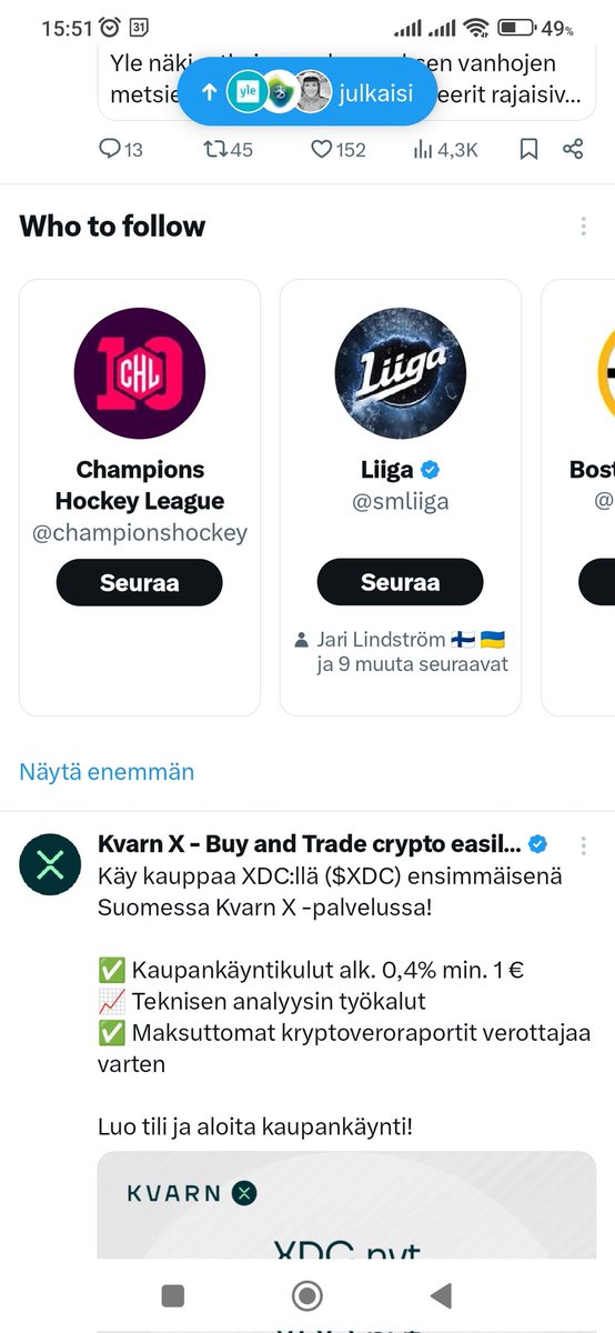 kortteus's tweet image. Jokseensa häynähtänyt alkorytmiikkakone tässä äksässä. -Suosittaa minulle jotakin jääkiekottelijaporukoita seurattaviksi. Ilmeisesti ei tunne lyhennettä EVVK.
#algoritmi #tekoäly #mainokset #kohdentaminen