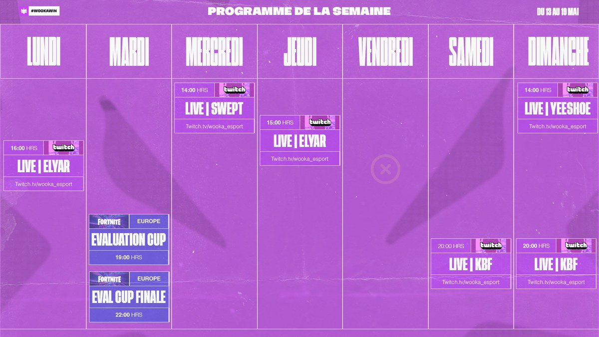 WookaEsport's tweet photo. Au programme de la semaine : quelques streams de nos goats et une compétition Fortnite pour terminer la saison 🫡
#WKAWIN https://t.co/akOAHZJZTy