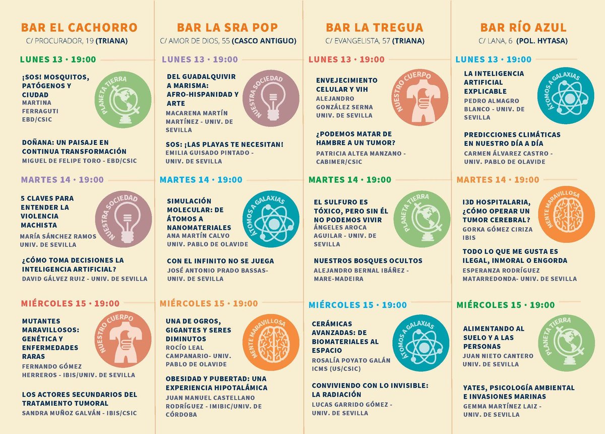 🟣 IBiS con la sociedad |

Esta semana estamos en el Festival #PintOfScience <a href="/pintofscienceES/">Pint of Science ES</a>, que empieza esta tarde. Serán 3 días de charlas científicas provocadoras en distintos bares de Sevilla. 🍻

Os dejamos el programa completo: pintofscience.es/events/sevilla

#Pint24ES #PINT24SE